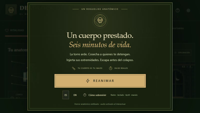 Construcción E: interfaz oscura en verde con tipografía serif y paneles laterales.