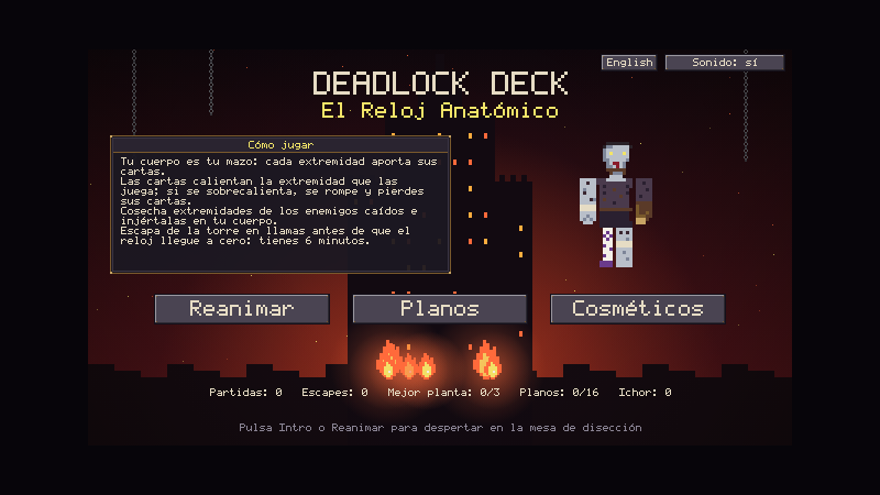 Construcción F: pantalla de título en pixel art con una ciudad en llamas al fondo y una abominación de pie.
