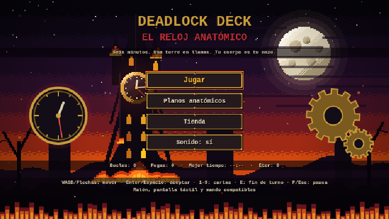 Construcción H: título dorado y rojo sobre una torre en llamas con un reloj, una luna llena y engranajes de latón.