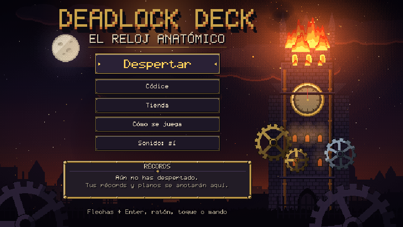 Construcción I: título dorado en pixel art, un menú de cinco botones y una torre con reloj y engranajes, en llamas en la cima.