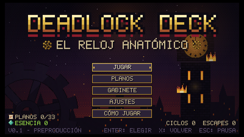 Construcción J: título en pixel art rojo y dorado, un menú de cinco botones y una torre en llamas con reloj.